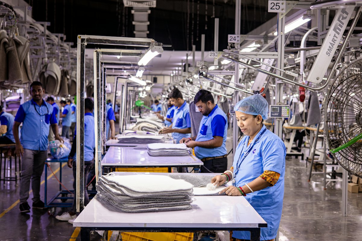 Workers on a garment factory production line